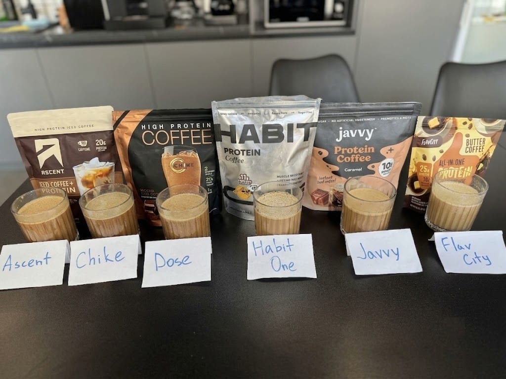 Six protein coffee brands lined up for a taste test — Ascent, Chike, Everyday Dose, Habitone, Javvy and FlavCity